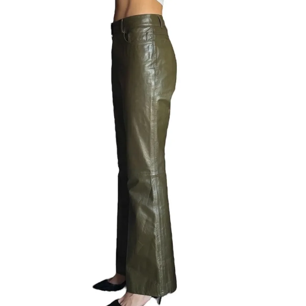 Theory Leather Green Pants Straight Leg Size 6 - Picture 6 of 10
